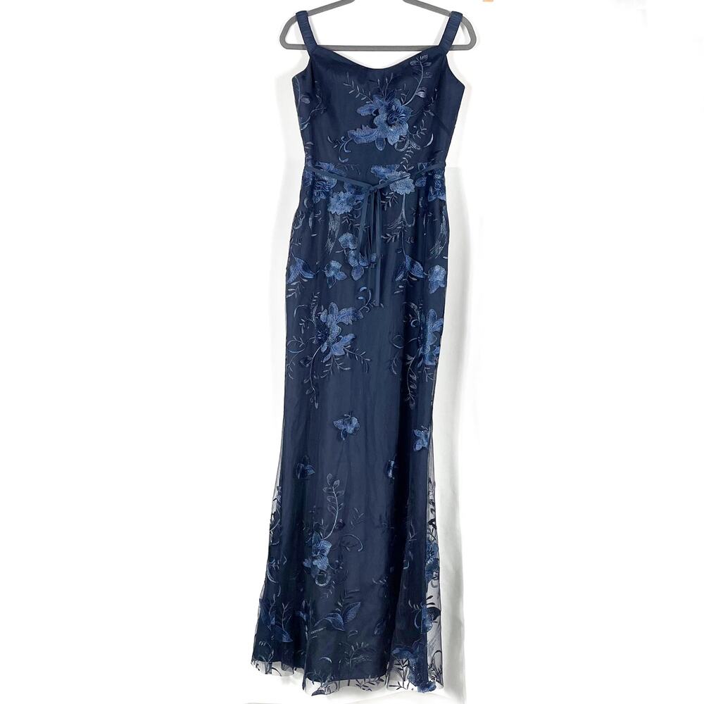 Marchesa Bridesmaid Navy‎ Blue Gown Floral Embroidered Column Dress Sz 6